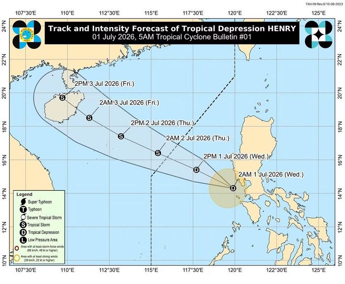 Hình dự báo lúc 5h sáng 1/7 (giờ địa phương) của PAGASA về đường đi của ATNĐ ở Biển Đông. Ảnh: PAGASA.
