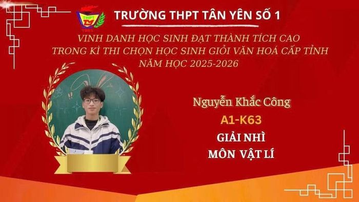 Khắc Công từng đạt giải Nhì môn Vật lí của kỳ thi chọn học sinh giỏi cấp tỉnh. (Ảnh: THPT Tân Yên số 1)