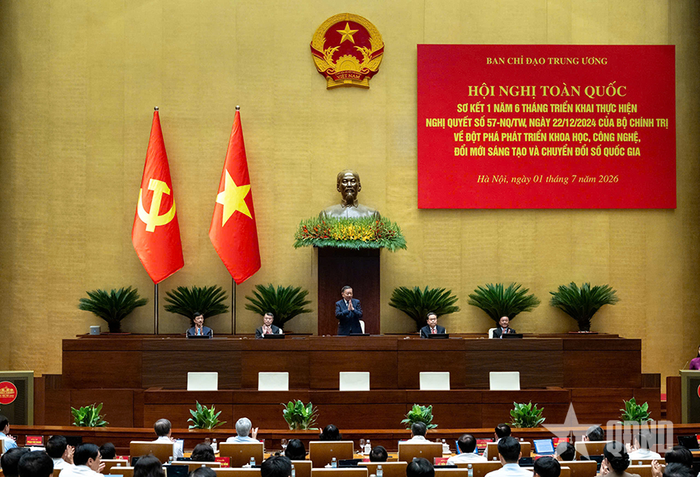 Tổng Bí thư, Chủ tịch nước Tô Lâm cùng các đồng chí lãnh đạo chủ chốt và Trưởng ban Tổ chức Trung ương chủ trì hội nghị.