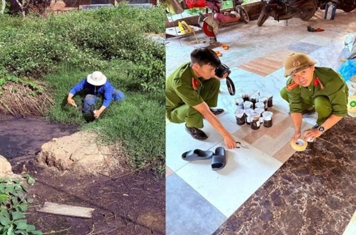 Lực lượng chức năng tiến hành lấy mẫu chất thải phục vụ công tác giám định. Ảnh VKS.