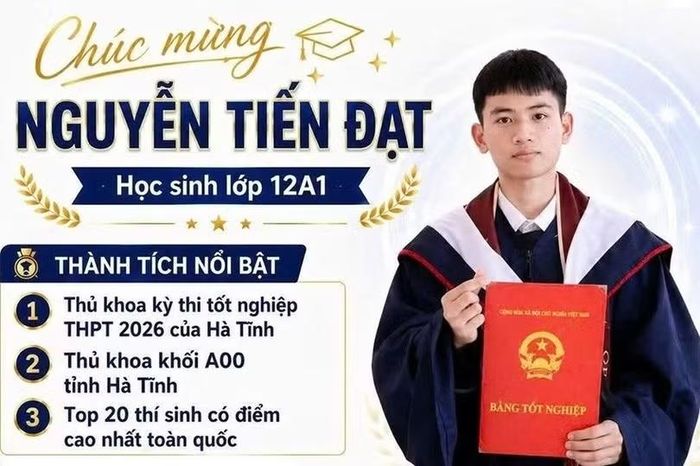 Thí sinh Nguyễn Tiến Đạt có tổng điểm thi tốt nghiệp 2026 cao nhất tỉnh Hà Tĩnh, đồng thủ khoa khối A00 tỉnh. (Ảnh: Trường THPT Nguyễn Huệ)
