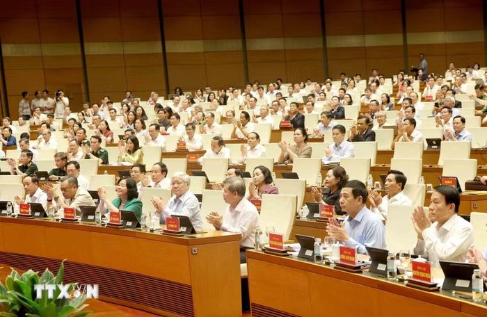 Các đồng chí lãnh đạo Đảng, Nhà nước dự hội nghị tại điểm cầu Trung tâm - Hội trường Diên Hồng, Nhà Quốc hội (Hà Nội). (Ảnh: Phương Hoa/TTXVN)