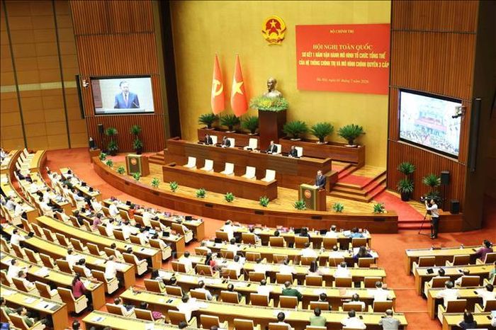Hội nghị toàn quốc sơ kết 1 năm vận hành mô hình tổ chức tổng thể của hệ thống chính trị và mô hình chính quyền 3 cấp. Ảnh: Phương Hoa/TTXVN