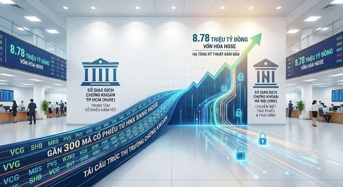 Tái cấu trúc thị trường: Sắp chuyển gần 300 mã cổ phiếu từ HNX sang HOSE. Ảnh: AI tạo