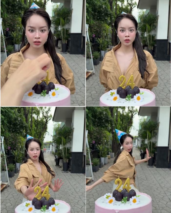 Hoa Hậu Thanh Thủy bỏ chạy khi thấy số tuổ trên chiếc bánh kem. Ảnh từ video: FBNV