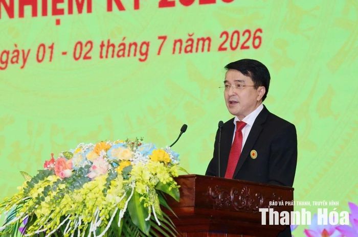 Chủ tịch Hội Chữ thập đỏ tỉnh Nguyễn Quốc Thanh phát biểu tại phiên thứ nhất Đại hội đại biểu Hội Chữ thập đỏ tỉnh Thanh Hóa lần thứ XI, nhiệm kỳ 2026-2031.