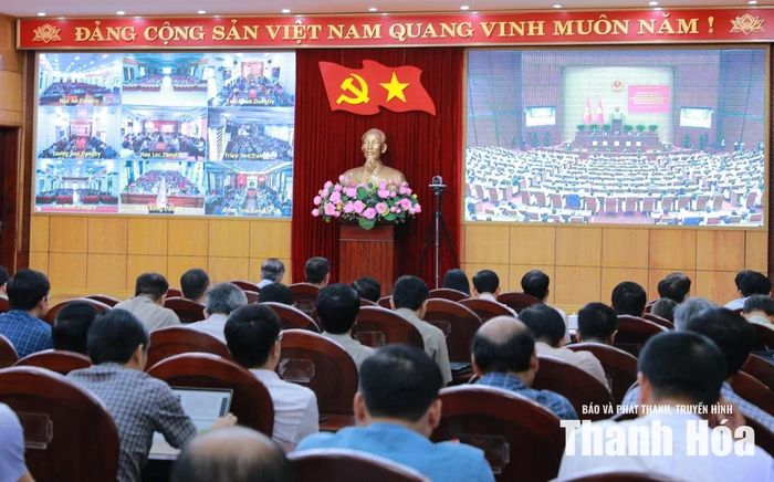 Quang cảnh hội nghị tại điểm cầu Tỉnh ủy Thanh Hóa.