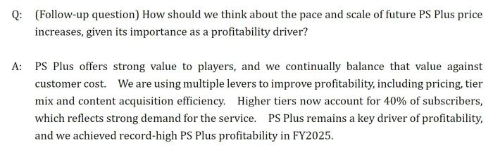 Sony investor Q&A about possible PS Plus price increase