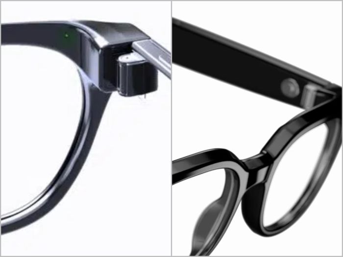 Đèn chỉ báo LED bên trong gọng kính và cận cảnh mẫu Galaxy Glasses phiên bản Warby Parker.