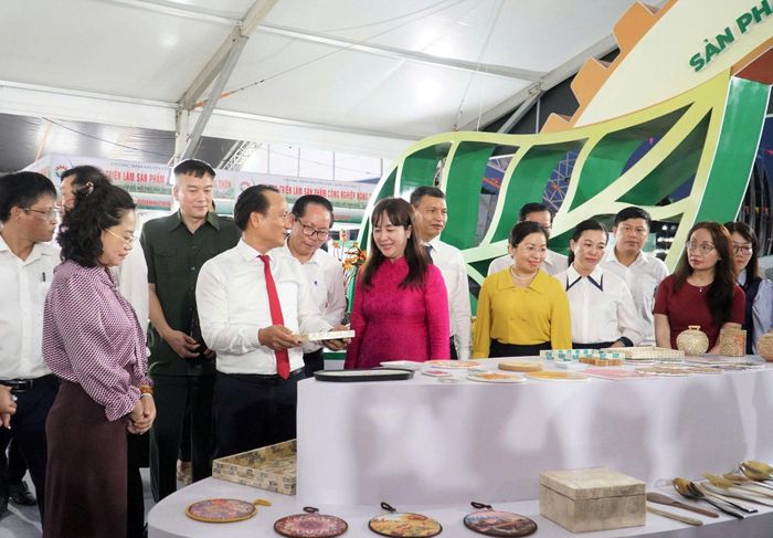Phó Bí thư Thường trực Thành ủy Nguyễn Đình Vĩnh (hàng đầu, thứ 2 từ trái qua) cùng các đại biểu tham quan các gian hàng tại hội chợ. Ảnh: TÂM ĐAN
