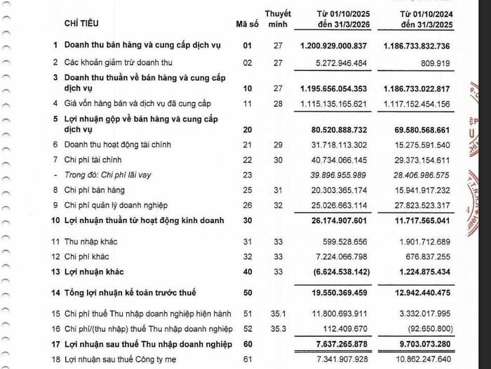 Báo cáo tài chính 6 tháng niên độ tài chính 2025-2026 của Nông nghiệp Hùng Hậu.