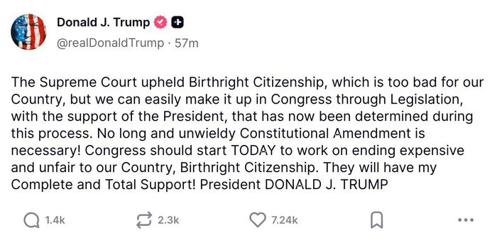 Sau khi Tòa án Tối cao Mỹ bác bỏ nỗ lực hạn chế quyền công dân theo nơi sinh, Tổng thống Donald Trump coi đây là một thất bại đáng thất vọng nhưng chỉ mang tính tạm thời, đồng thời tuyên bố sẽ theo đuổi “phương án B” thông qua con đường lập pháp