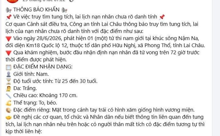 Công an tỉnh Lai Châu phát thông báo tìm người thân. Ảnh chụp màn hình