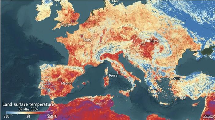 Hình ảnh từ dữ liệu vệ tinh Sentinel-3 cho thấy đợt nắng nóng đang lan rộng khắp châu Âu từ cuối tháng 5/2026. (Ảnh: Copernicus Sentinel)