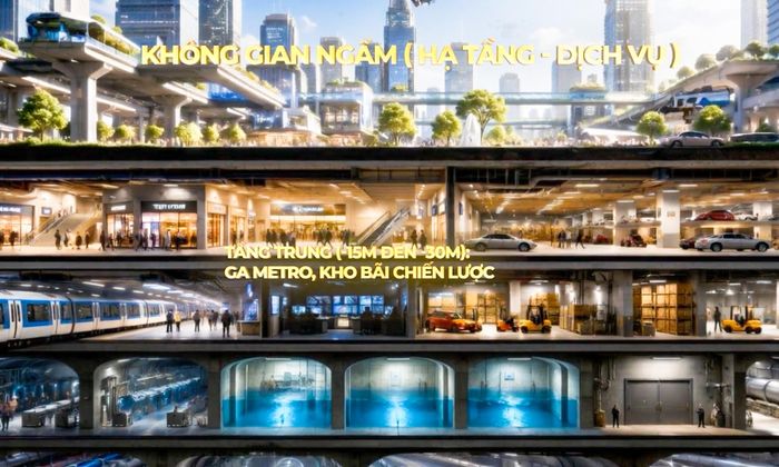 Trong đó, không gian ngầm được định hướng phát triển thành hệ thống nhiều tầng chức năng. Mục tiêu đến năm 2065, công trình ngầm sẽ được phát triển trên hơn 40% diện tích đất đô thị khu vực trung tâm. Khi không gian dưới lòng đất được khai thác, mặt đất sẽ có thêm điều kiện dành cho các công trình văn hóa, tiện ích công cộng, công viên và cây xanh.