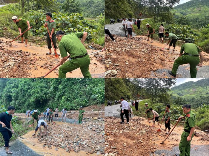 Công an xã Tát Ngà, tỉnh Tuyên Quang khắc phục sự cố sạt lở do mưa lũ gây ra.
