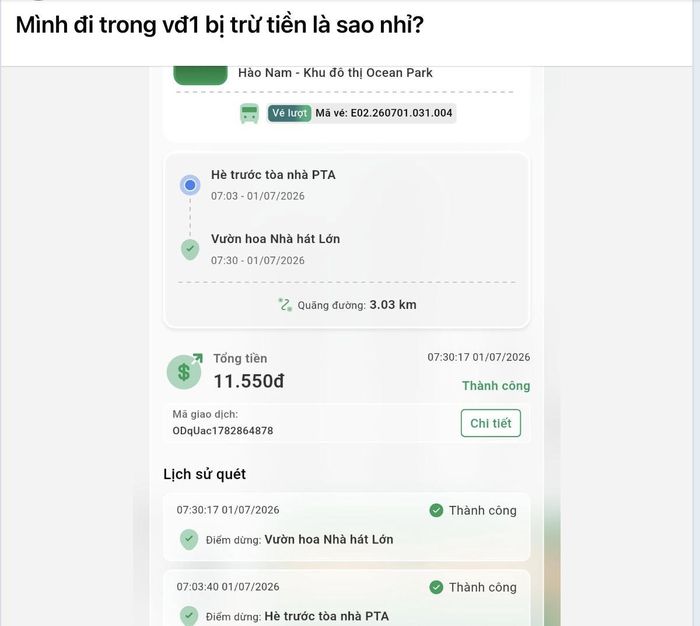 Một hành khách phản ánh vẫn bị mất phí vé xe buýt khi đi trong vành đai 1.