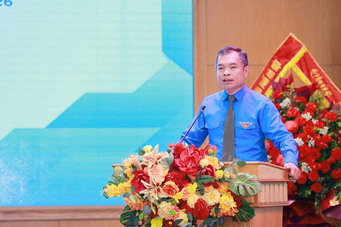 Phó Giám đốc Cung Thanh niên Hà Nội, Phó Chủ tịch Hội Liên hiệp Thanh niên Việt Nam thành phố Hà Nội Trần Phúc Lộc phát biểu chỉ đạo tại Đại hội. Ảnh: Tùng Lâm
