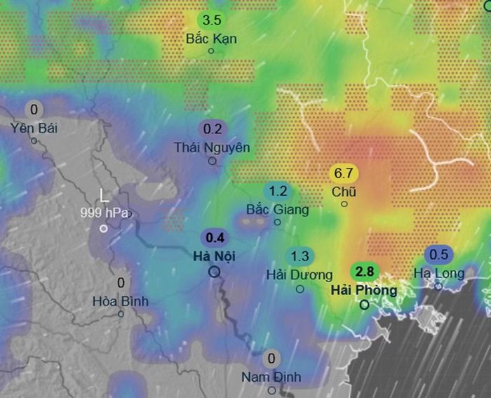 Dự báo mưa ở một số khu vực tại miền Bắc chiều 5/7, theo mô hình ICON. Những con số trong hình là lượng mưa dự báo trong 3 giờ. Ảnh: Ventusky, ICON.