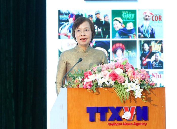 Bà Vũ Việt Trang, Bí thư Đảng ủy, Tổng Giám đốc Thông tấn xã Việt Nam phát biểu tại Lễ kỷ niệm