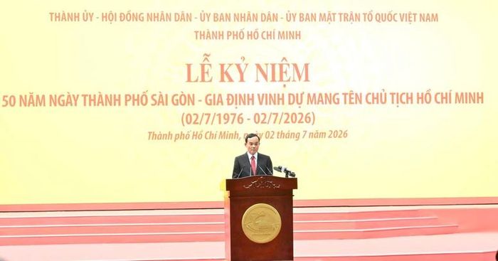 Bí thư Thành ủy TPHCM Trần Lưu Quang trình bày diễn văn kỷ niệm tại buổi lễ - Ảnh: VGP/Vũ Phong