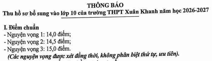 Ngày 2/7, Trường trung học phổ thông Xuân Khanh đã ban hành thông báo tuyển sinh bổ sung học sinh vào lớp 10.