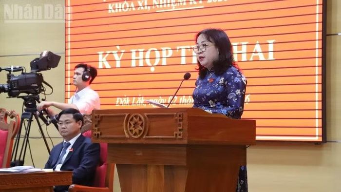 Chủ tịch Hội đồng nhân dân tỉnh Đắk Lắk Cao Thị Hòa An phát biểu tại kỳ họp.