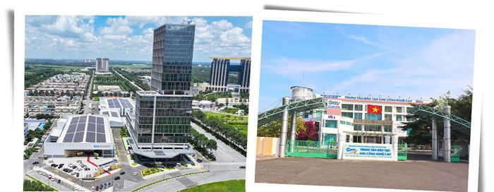 Ảnh trái: Khu Đô thị Khoa học Công nghệ Bắc TP Hồ Chí Minh sau sáp nhập. Ảnh phải: Trung tâm Đào tạo Khu Công nghệ cao TP Hồ Chí Minh.