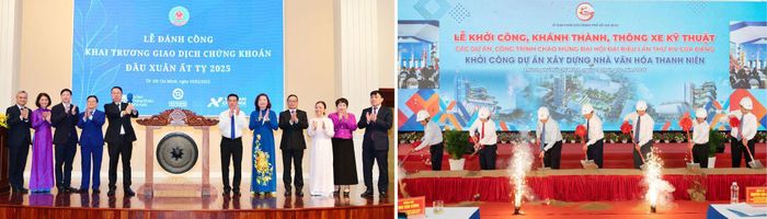 Ảnh trái: Sở Giao dịch chứng khoán TP Hồ Chí Minh là một trong nhưng đơn vị đầu tiên của cả nước. Ảnh phải: Khởi công, khánh thành các công trình quan trọng của thành phố.