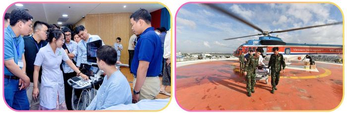 Ảnh trái: Tập huấn, chuyển giao kỹ thuật điều trị tiên tiến. Ảnh phải: Hoạt động cấp cứu đường không.