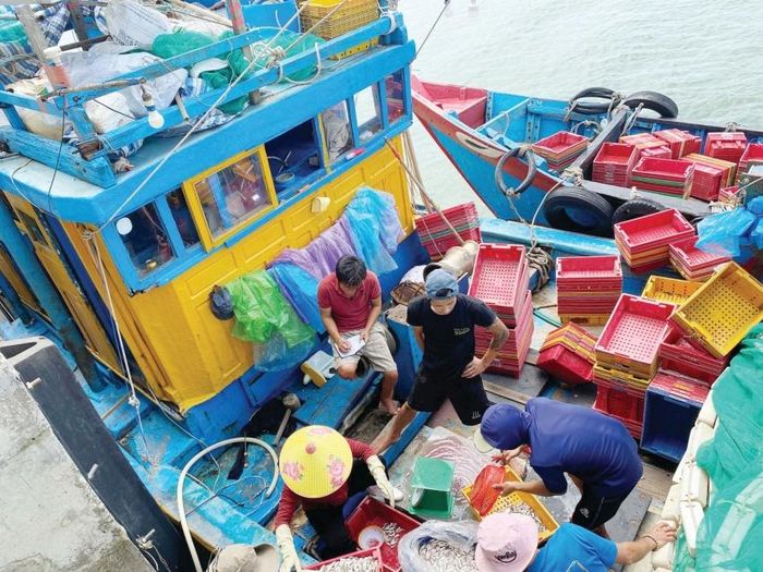 Ngư dân bốc dỡ sản phẩm tại cảng cá Cửa Tùng. Ảnh: Khắc Trà