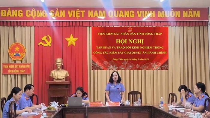 Đồng chí Trần Huỳnh Bích Phượng, Phó Viện trưởng VKSND tỉnh Đồng Tháp phát biểu chỉ đạo tại hội nghị.