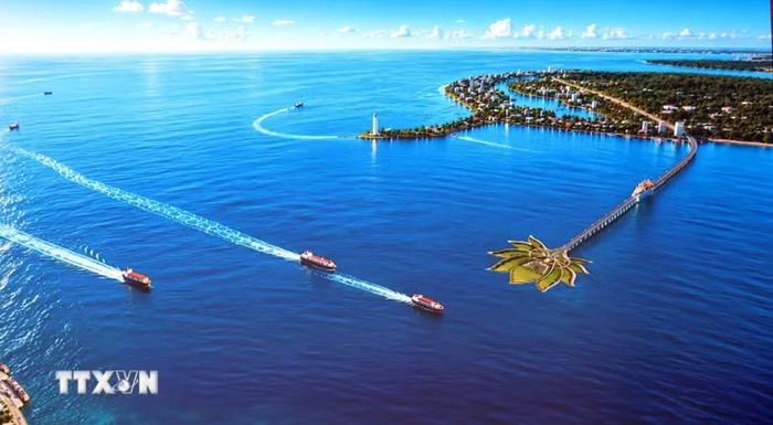Phối cảnh Dự án Dự án đường vượt biển Cần Giờ-Vũng Tàu tạo kết nối trực tiếp giữa Cần Giờ và Vũng Tàu, mở rộng không gian phát triển kinh tế biển. (Ảnh: TTXVN phát)