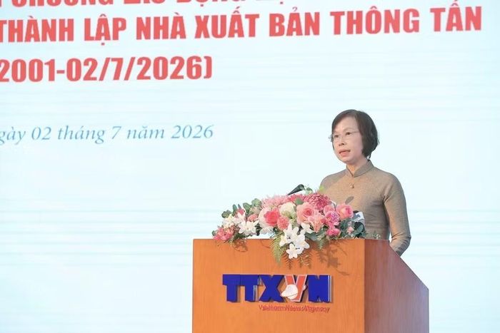 Đồng chí Vũ Việt Trang, Ủy viên Ban Thường vụ Đảng ủy các cơ quan Đảng Trung ương, Phó Trưởng Ban Tuyên giáo và Dân vận Trung ương, Bí thư Đảng ủy, Tổng Giám đốc Thông tấn xã Việt Nam phát biểu tại Lễ kỷ niệm 25 năm thành lập Nhà xuất bản Thông tấn. (Ảnh: Minh Quyết/TTXVN)