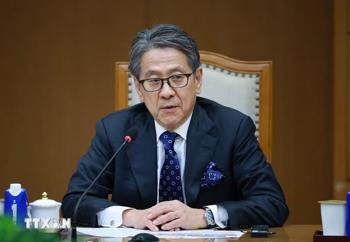 Ông Maeda Tadashi, Chủ tịch Ngân hàng hợp tác quốc tế Nhật Bản (JBIC) phát biểu. (Ảnh: Dương Giang/TTXVN)