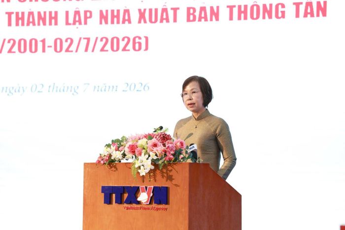 Bà Vũ Việt Trang, Bí thư Đảng ủy, Tổng Giám đốc Thông tấn xã Việt Nam, phát biểu tại Lễ kỷ niệm.