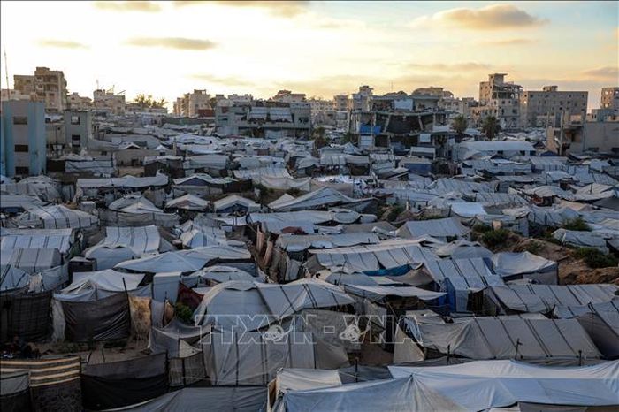 Lều trại tạm dành cho người Palestine sơ tán lánh chiến sự ở thành phố Gaza. Ảnh: THX/TTXVN