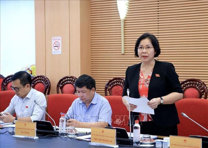 Phó Chủ nhiệm Ủy ban Văn hóa và Xã hội của Quốc hội Trần Thị Thanh Lam trình bày tóm tắt ý kiến thẩm tra dự án. Ảnh: Tuấn Anh/TTXVN