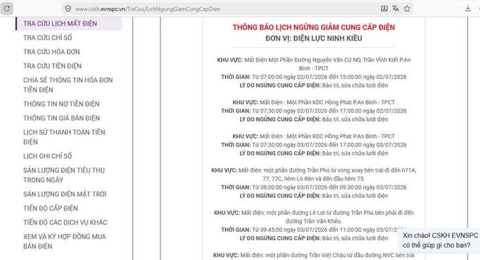 Lịch ngừng cấp điện tại Cần Thơ ngày mai 3/7 được cập nhật trên website của EVNSPC lúc 11h ngày 2/7. Ảnh: BNEWS phát