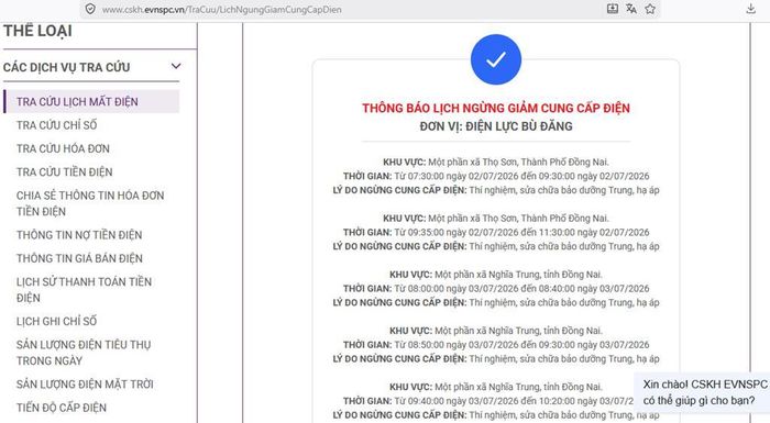 Lịch ngừng cấp điện tại Đồng Nai ngày mai 3/7 được cập nhật trên website của EVNSPC lúc 11h05 ngày 2/7. Ảnh: BNEWS phát
