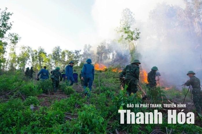 Cán bộ, chiến sĩ Bộ CHQS tỉnh triển khai các biện pháp chữa cháy, ngăn chặn đám cháy lan rộng. Ảnh: Thu Phương