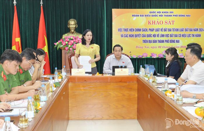 Đồng chí Điểu Huỳnh Sang, Thành ủy viên, Phó Trưởng đoàn chuyên trách Đoàn Đại biểu Quốc hội thành phố Đồng Nai phát biểu tại buổi làm việc. Ảnh: Hoàng Lộc
