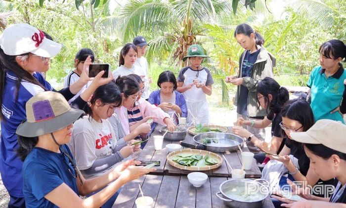 Học sinh trải nghiệm khéo tay làm bánh lá mít, một nét văn hóa ẩm thực dân gian độc đáo tại Senta Farm (xã Tam Nông).