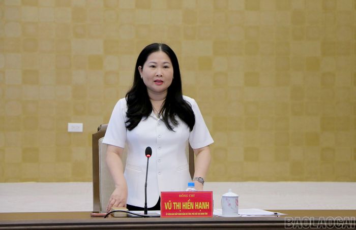 Đồng chí Vũ Thị Hiền Hạnh - Phó Chủ tịch UBND tỉnh, Trưởng Tiểu ban tuyên truyền - khánh tiết phát biểu kết luận cuộc họp.
