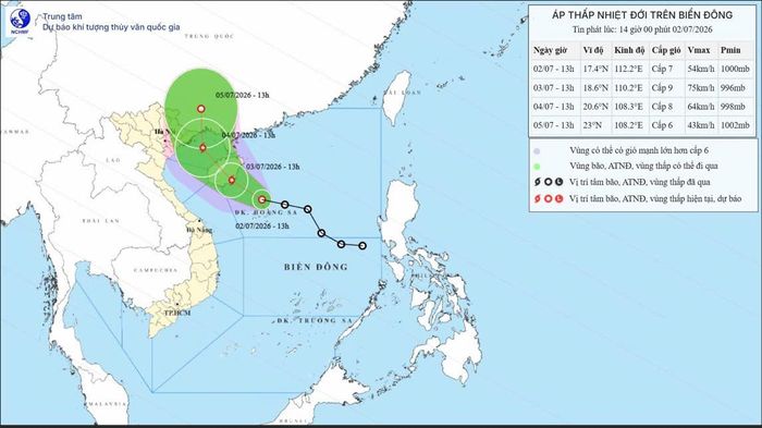 Đường đi của ATNĐ trên Biển Đông lúc 14 giờ ngày 2/7 (Ảnh: Trung tâm dự báo Khí tượng Thủy văn quốc gia)