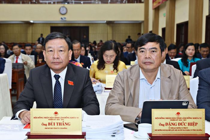 Đồng chí Bùi Thắng, Phó Bí thư Tỉnh ủy và đồng chí Đặng Đức Hiệp, Ủy viên Ban Thường vụ Tỉnh ủy, Phó Trưởng Đoàn chuyên trách Đoàn ĐBQH tỉnh Lâm Đồng tham dự kỳ họp
