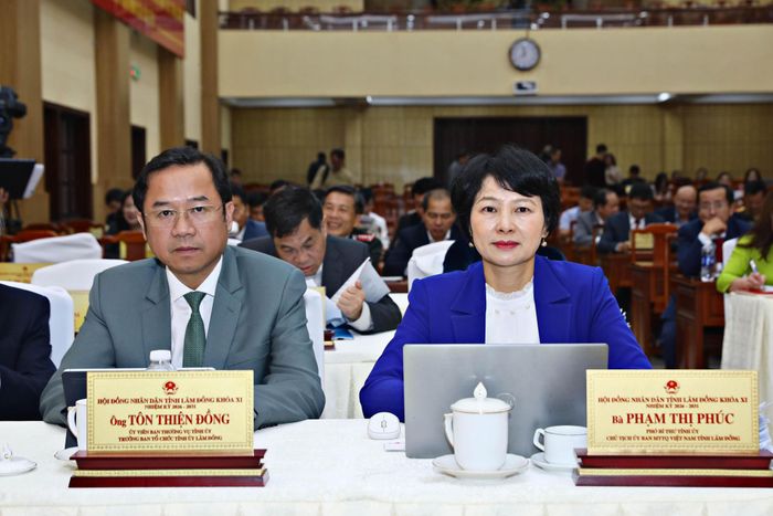 Đồng chí Phạm Thị Phúc, Phó Bí thư Tỉnh ủy, Chủ tịch Ủy ban MTTQ Việt Nam tỉnh và đồng chí Tôn Thiện Đồng, Ủy viên Ban Thường vụ Tỉnh ủy, Trưởng Ban Tổ chức Tỉnh ủy dự kỳ họp