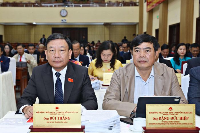 Đồng chí Bùi Thắng, Phó Bí thư Tỉnh ủy và đồng chí Đặng Đức Hiệp, Ủy viên Ban Thường vụ Tỉnh ủy, Phó Trưởng Đoàn chuyên trách Đoàn ĐBQH tỉnh Lâm Đồng tham dự kỳ họp