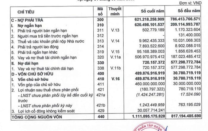  Theo BCTC, vốn chủ sở hữu Meey Land tăng mạnh từ 30,8 tỷ đồng lên 489,9 tỷ đồng sau một năm tài chính. Trong khi đó, nợ phải trả ở mức 621,2 tỷ đồng, trong đó vay và nợ thuê tài chính ngắn hạn khoảng 507 tỷ đồng. 