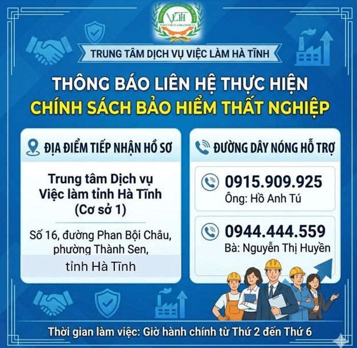 Trung tâm Dịch vụ việc làm Hà Tĩnh thông báo địa điểm tiếp nhận, giải quyết chính sách bảo hiểm thất nghiệp. Ảnh VLHT